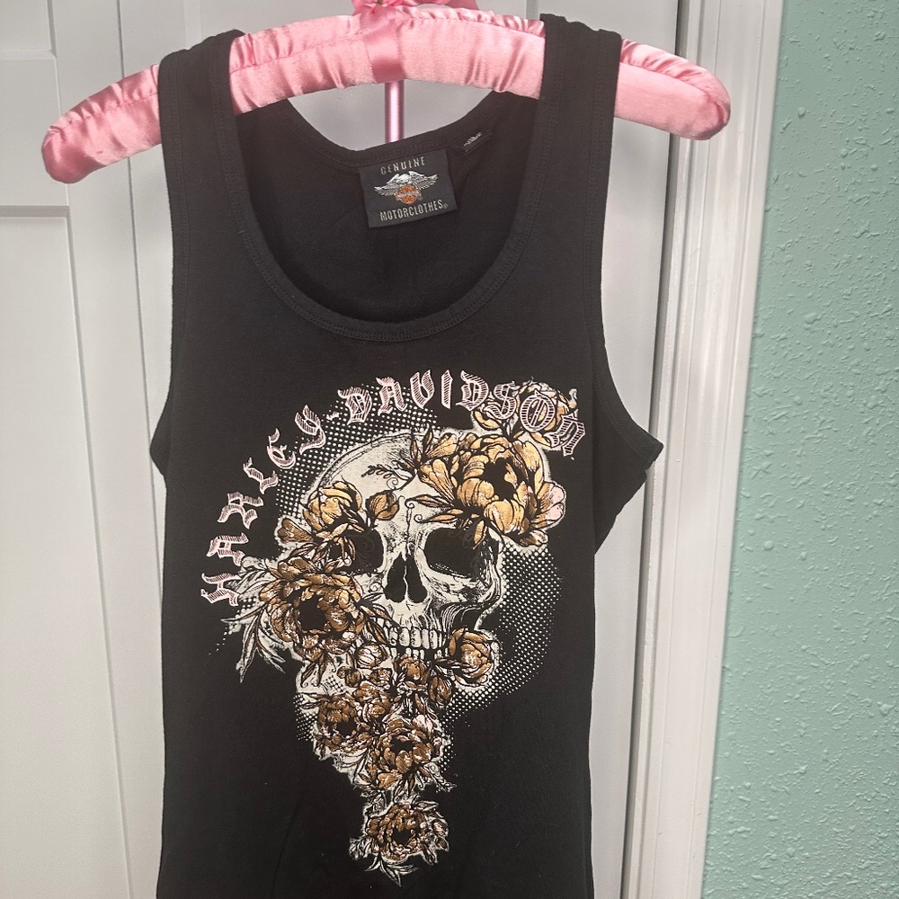 Harley Davidson womens Tank Top black/pink skulls XS motorcycle biker sleeveless